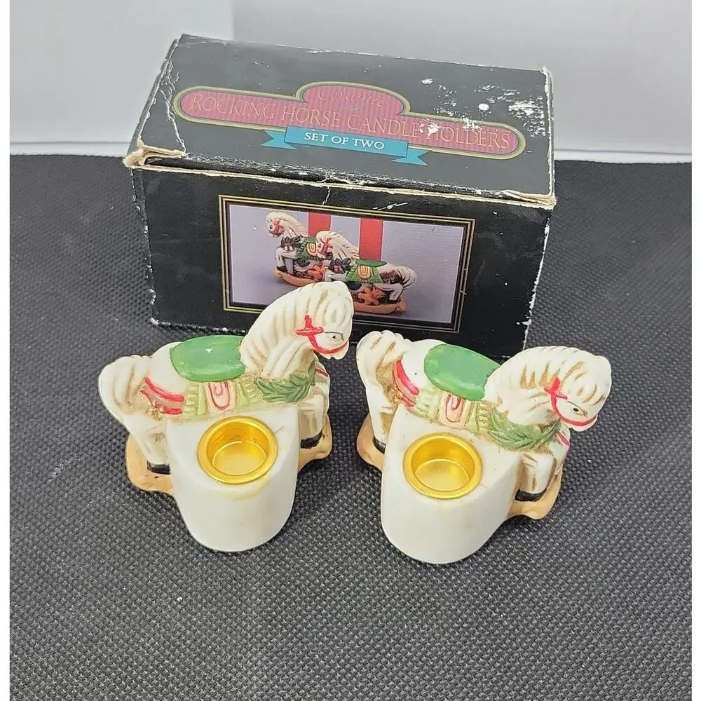 Vintage Noble Hall Rocking Horse Candle Holders Set of 2 Christmas Original Box